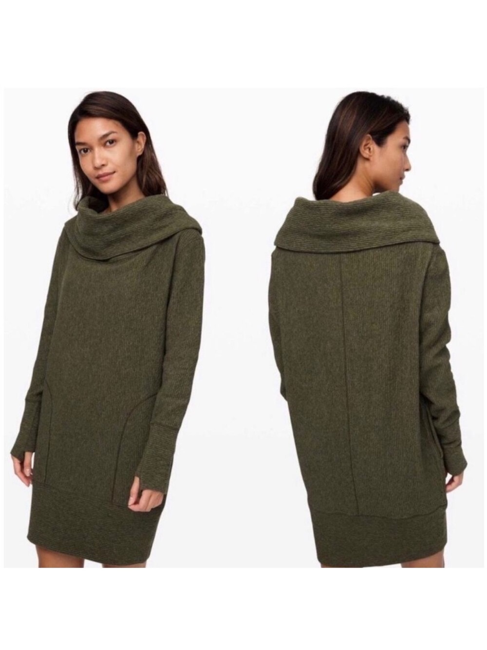 Lululemon Cozy Ribbed Hooded Sweater Dress - Olive Green